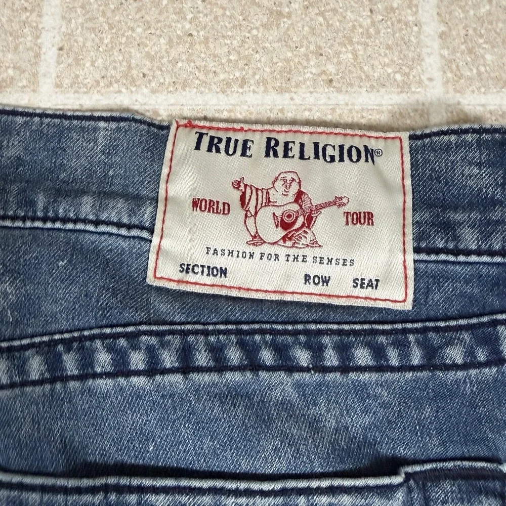 True Religion Jeans Mens 42x32 Blue Rocco Relaxed Skinny Distressed Denim